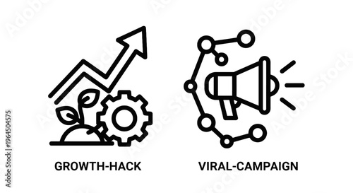 Growth hack and viral campaign marketing icons, business strategy expansion and social media megaphone promotion, simple black and white vector set