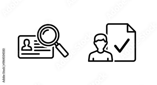 Identity verification and document approval icons, magnifying glass on id card and person profile with check mark, business compliance linear set