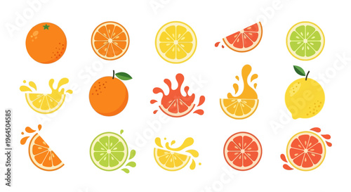 Vibrant citrus fruits and slices with juice splashes on white background illustration