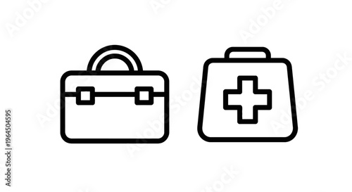 Briefcase and medical first aid kit icons, business work bag and healthcare emergency equipment symbols, simple black and white outline vector set