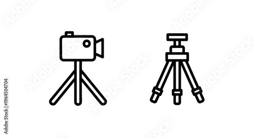 Set of minimalist line art icons featuring a professional camera on a tripod and a separate camera stand isolated on white background