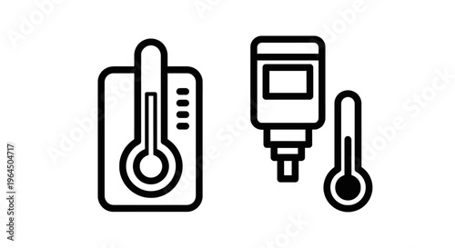 Scientific icon set featuring a laboratory thermometer inside a frame and a measuring device with a thermometer for temperature monitoring