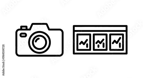 Minimalist icon set of a professional digital camera and a financial reporting dashboard for media production and business data analytics