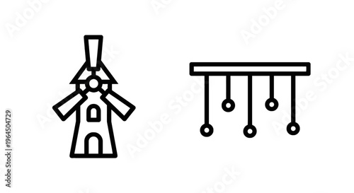 Set of line icons featuring a traditional windmill and a modern hanging lighting fixture for architectural design and interior decoration projects