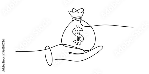 A continuous line drawing of a hand holding a money bag representing financial wealth and success Vector, illustration