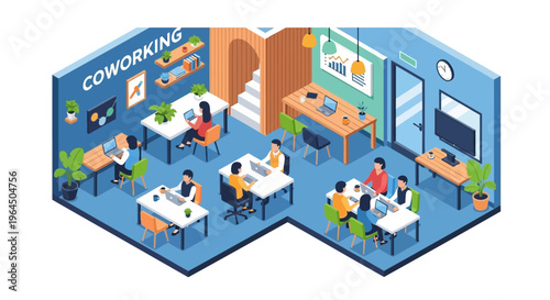 People work together in a modern coworking office space with laptops and plants