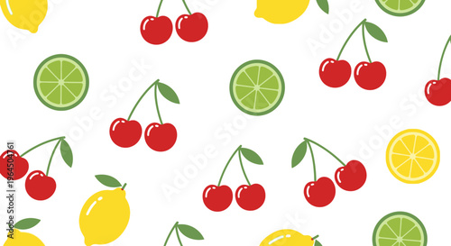Colorful illustration of cherries, lemons, and limes arranged in a pattern on white background