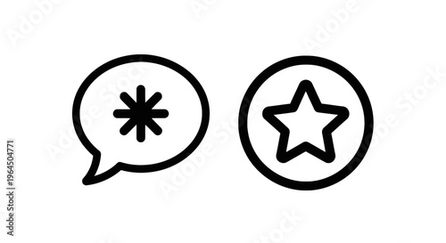 Speech bubble with asterisk and star inside circle line icons set, vector illustration of conversation and favorite symbol on white background