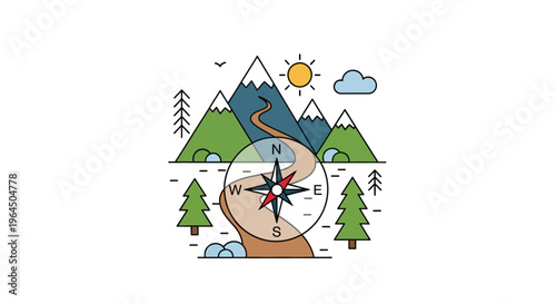 Illustration of a compass in a scenic mountain landscape with trees and a sunny sky