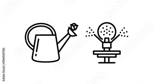 Watering can and lawn sprinkler line icons set, vector gardening and irrigation tools symbol isolated on white background