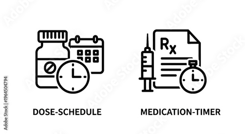 Medical dose schedule and medication timer line icons set, vector healthcare reminder and pharmacy treatment symbol isolated on white background