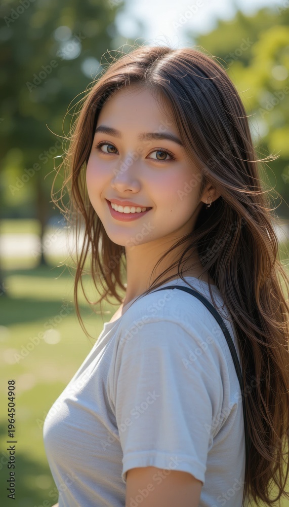 Fototapeta premium A young woman with long brown hair smiles warmly outdoors with a sunlit green background.