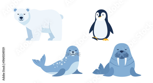 An illustration of a polar bear, penguin, seal, walrus, and their friends in a natural setting.
