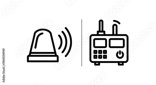 Alarm signal and wireless transceiver radio icons for emergency alert and communication systems in industrial or public safety environments