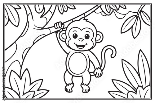 A cheerful monkey clings to a branch amidst lush jungle foliage