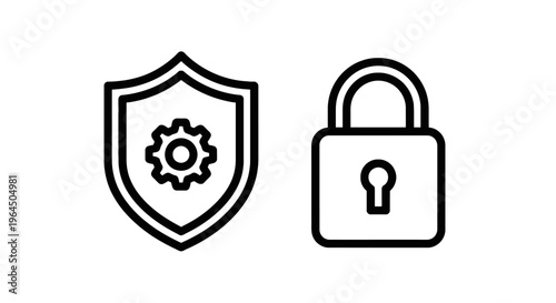 Security shield with gear and padlock line icons, protection symbols for system privacy and cyber safety management concept design elements