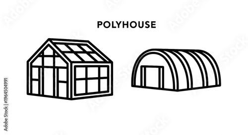 Polyhouse and greenhouse icons set showing agricultural structures and glass farming buildings for modern horticulture and gardening concepts