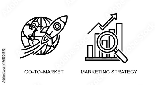 Go to market and marketing strategy icons set showing rocket launching from globe and magnifying glass on bar chart for business growth concepts