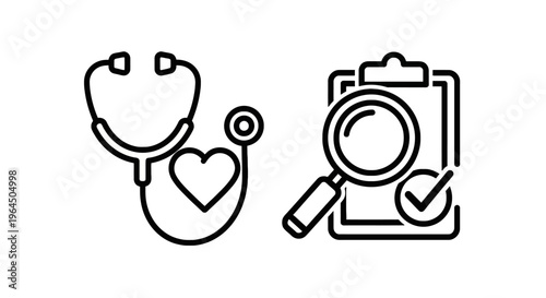 Stethoscope with heart and clipboard with magnifying glass and checkmark icons for healthcare, medical examination, and patient diagnosis concepts