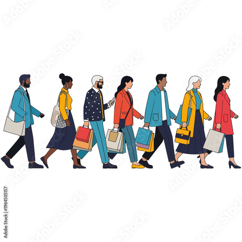 Diverse Group of Shoppers Walking with Shopping Bags Vector