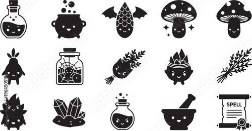 Witch potion bottles with skulls cauldrons and magical ingredients