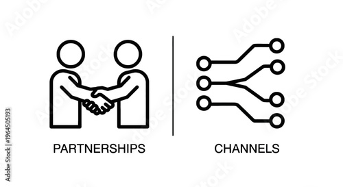 Partnership handshake and communication channels linear icons representing business cooperation and network connectivity symbols in black outline graphic sty
