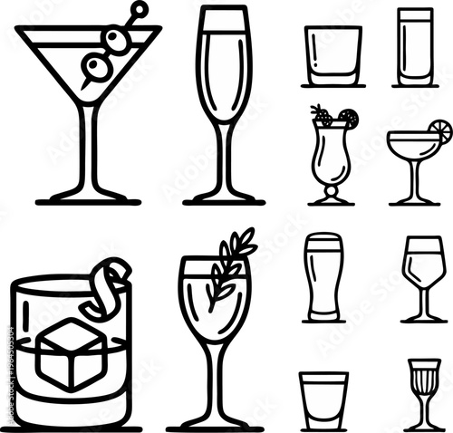 Cocktail and Drink Glass Outline Icon Set - Black and White Line Art Martini Champagne Whiskey On The Rocks Wine Beer Shot Glass Hurricane and Margarita Bar Beverage Collection Vector Illustration
