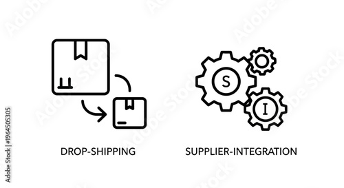 Ecommerce dropshipping and supplier integration business process icons featuring shipment tracking and supply chain management gear symbols