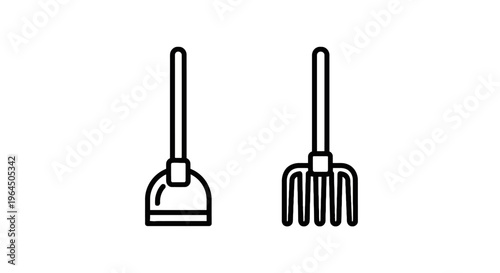 Agricultural hand tool icons, garden rake and soil hoe silhouettes for farming, gardening, maintenance, and landscaping, black and white line vector
