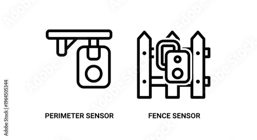 Perimeter and fence security sensor icons, motion detection technology for surveillance, safety, alarm systems, black and white line art vector set