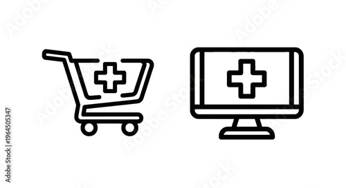 Online pharmacy e-commerce icons set featuring shopping cart and medical monitor screen with plus sign symbol