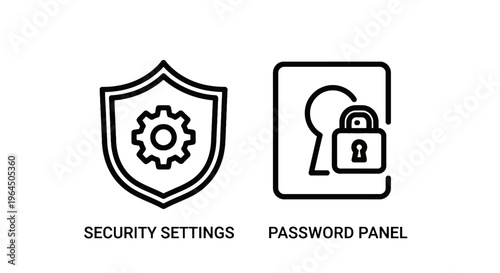 Security settings and password panel icons set featuring shield gear and padlock symbol