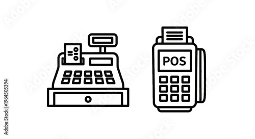 Traditional cash register and modern electronic point of sale terminal icons for retail checkout, payment processing, and financial transactions