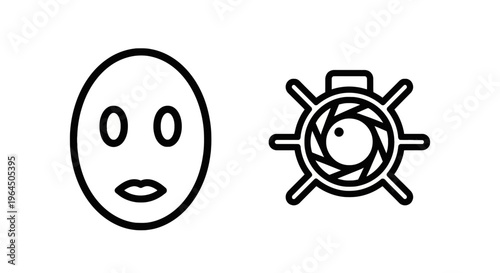 Human face avatar and camera lens aperture icons depicting facial recognition, biometric security, digital photography, and visual technology, face id