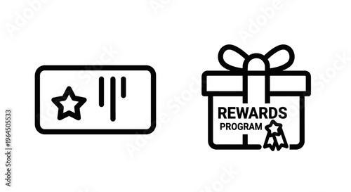 Loyalty card with star and rewards program gift box icons, customer marketing and bonus incentive concept vector set for retail commerce design assets