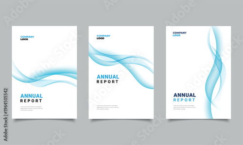 A set of three minimalist corporate annual report cover designs featuring fluid blue wave patterns and clean typography on a white background for professional business presentations.