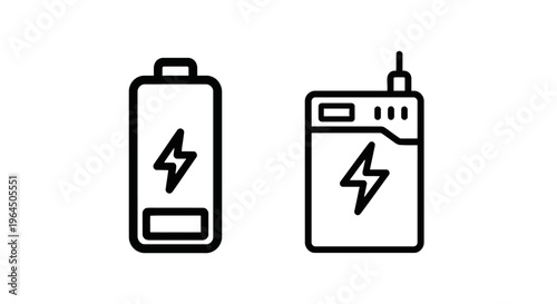 Battery energy and power supply icons showing charge level and portable power bank capacity indicator for mobile device charging technology