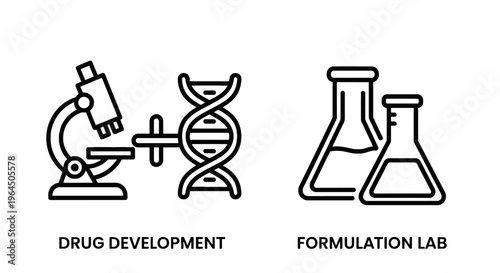 Drug development and formulation lab research icon set, microscope and DNA helix with conical laboratory beakers for pharmaceutical testing and science resea