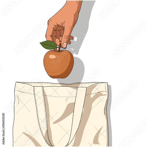 Hand Placing Apple into Reusable Shopping Bag