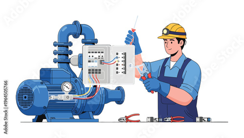 Electrician at Work: A skilled electrician diligently works on electrical panel of a large machinery system, showcasing expertise in maintenance and repair within an industrial setting.