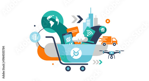 Modern E-commerce and Global Logistics Concept with Online Shopping Cart, Mobile Technology, Cloud Services, and Drone Delivery