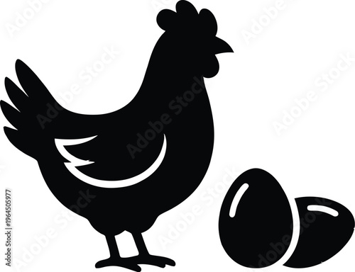 Black silhouette illustration of a chicken standing next to two eggs