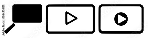 Solid black icon, white background: online course video set with simple line art design featuring outline, illustration, graphic elements with clean design and vector art