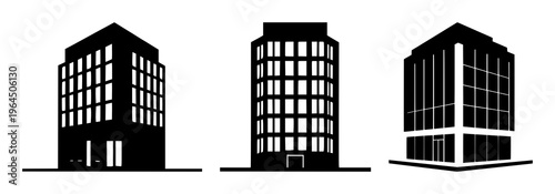 Solid black icon, white background: commercial office building set with simple line art design featuring simple design, minimalist, black and white with illustrations and graphics