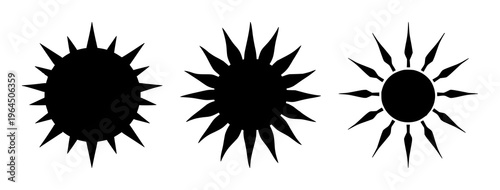 Solid black icon, white background: brightness sun icon set with simple line art design featuring sketches, drawings, vector graphics with minimalist and simple illustrations