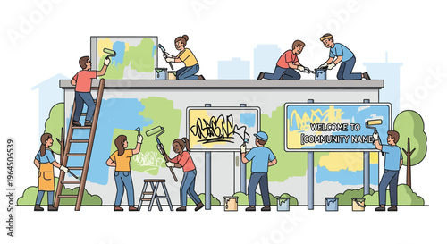 Team of people painting a large billboard advertisement.