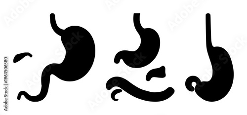 Solid black icon, white background: gastroenterology stomach icon set with simple line art design featuring line art, illustrations, graphic resources with vector and design elements