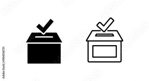 Simple voting ballot box icon with check mark - election symbol with black and white