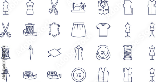 Sewing tailoring outline vector icons set, fashion design dressmaking tools, clothing manufacture equipment, needle thread mannequin line art illustration collection.