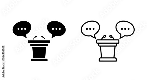 Podium with speech bubbles icon, debate or presentation vector graphic